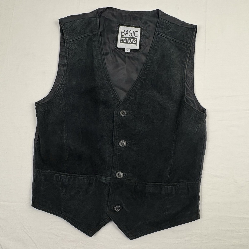 VTG 90s Basic Editions Black Suede Leather Vest Back Buckle Strap Sz Small EUC